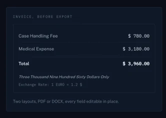 Invoice before export: the amount written in words, exchange rate shown, every field editable in place, out as PDF or DOCX.